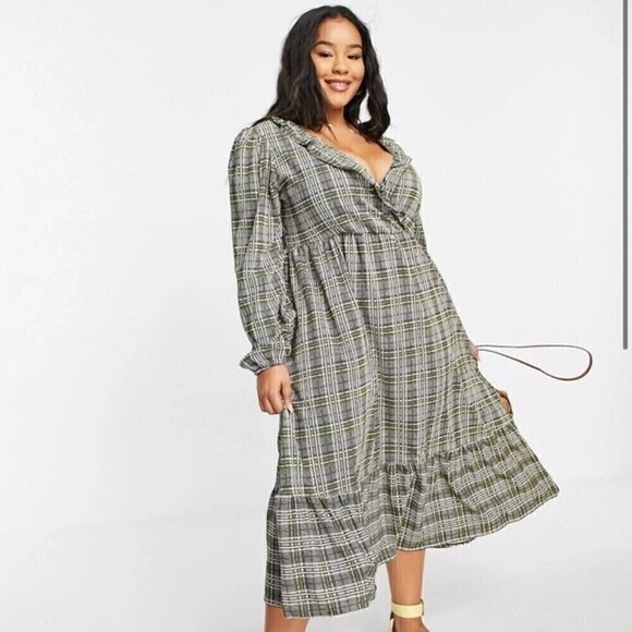 ASOS DESIGN MIDI SMOCK DRESS FRILL NECK BLACK & RUST CHECK PRINT SIZE 4P - Picture 11 of 11